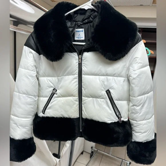 Mayoral big girls faux fur trimmed cropped jacket - Picture 2 of 8